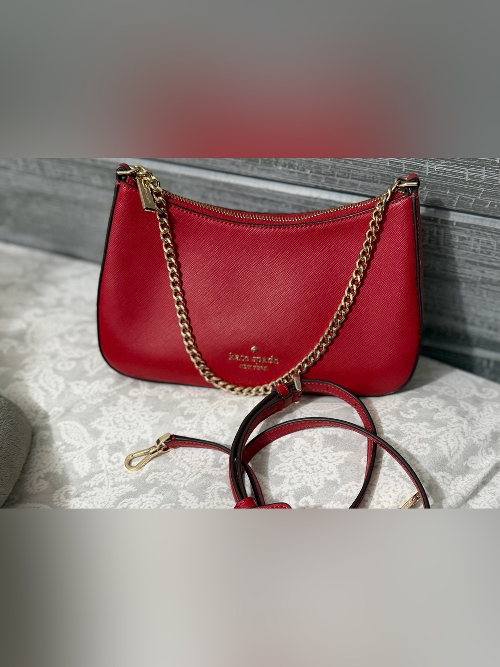 kate spade Red Saffiano Leather Chain Shoulder Bag with long crossbody strap
